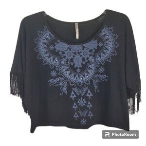 Club Soda Black Fringe Sleeve Cropped Southwest Graphic Rhinestones TeeM EUC